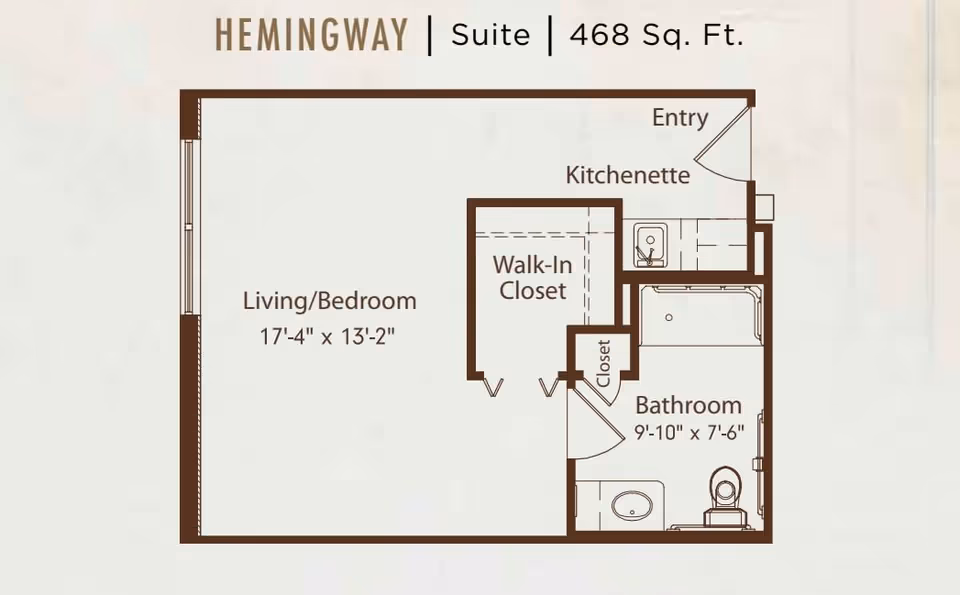 Floor plan of the Hemingway Suite at The Beacon at Gulf Breeze, showing a 468 square foot layout with a living/bedroom area measuring 17 feet 4 inches by 13 feet 2 inches, a kitchenette near the entry, a walk-in closet, a bathroom measuring 9 feet 10 inches by 7 feet 6 inches, and an additional closet.