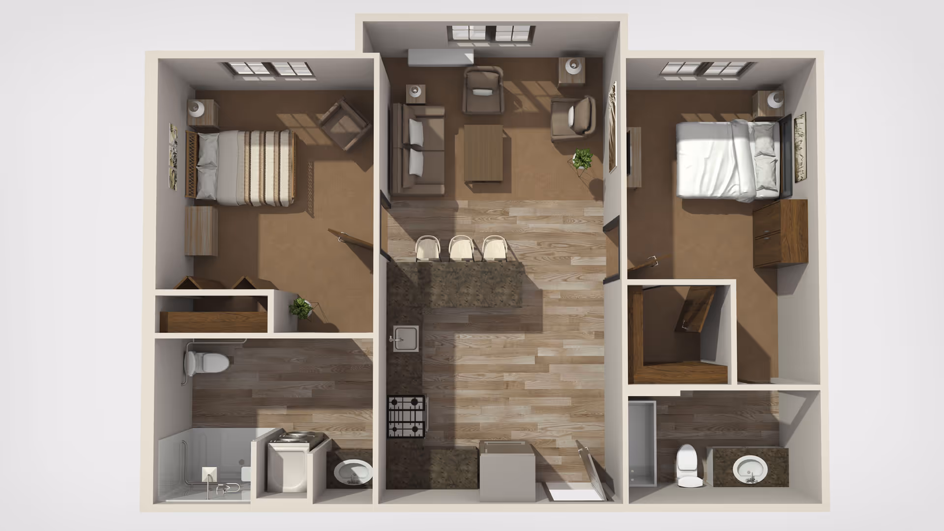 Top-down 3D floor plan of a two-bedroom apartment with a central living area, kitchen island with stools, and two bathrooms.