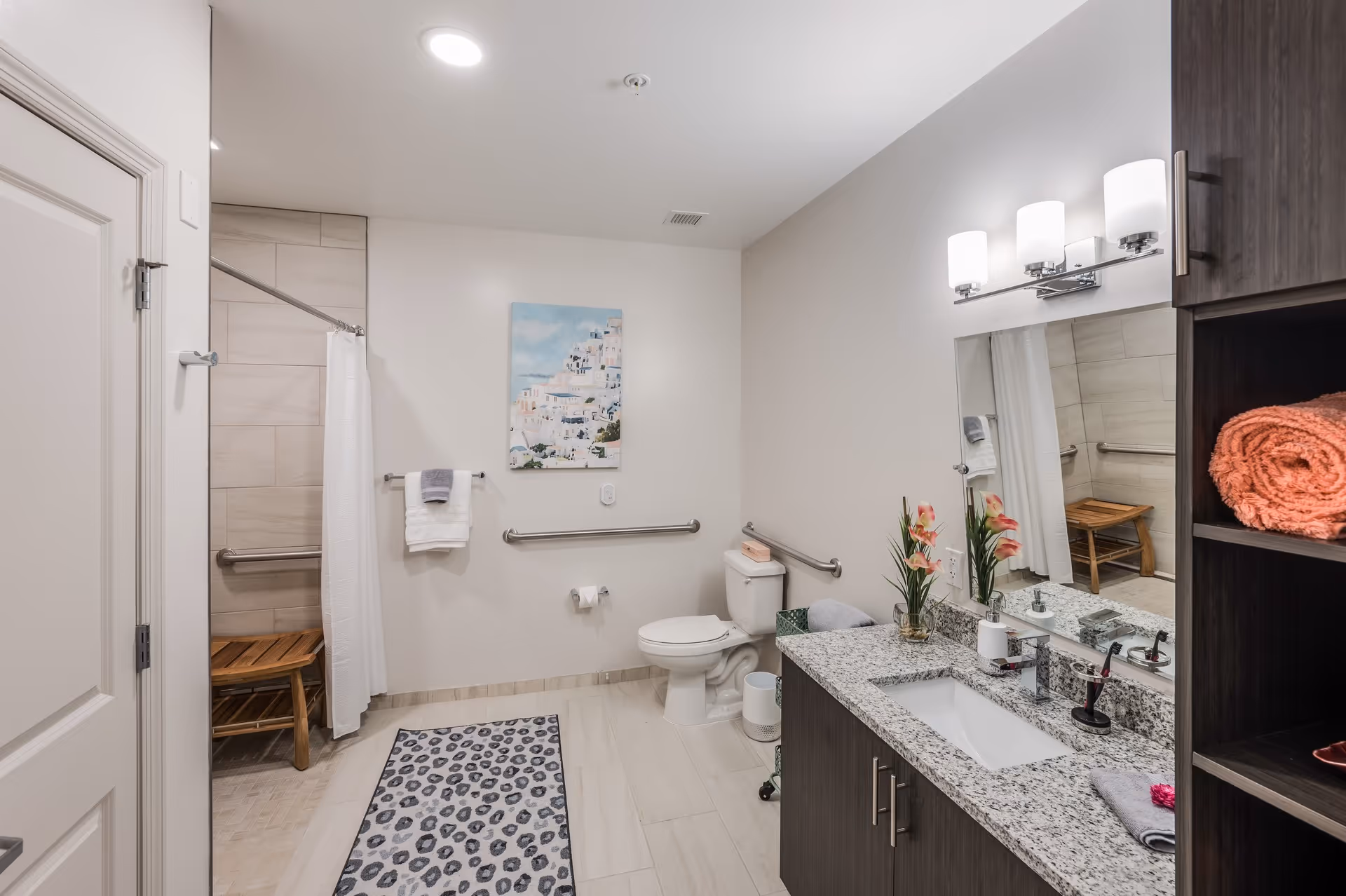 A modern, accessible bathroom with a walk-in shower featuring a wooden bench and grab bars, a toilet with grab bars, a granite countertop with a sink, a large mirror, and a shelving unit with neatly folded towels. The bathroom is well-lit with ceiling and wall lights, and there is a decorative painting on the wall above the toilet.
