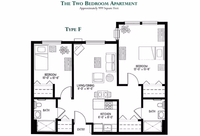 Floor plan of a two-bedroom apartment labeled Type F, approximately 999 square feet. The layout includes two bedrooms, two bathrooms, a kitchen, a living/dining area, and an entryway. Each bedroom has furniture such as beds and dressers, and the living/dining area is furnished with seating and a table. The kitchen is equipped with appliances and cabinetry.