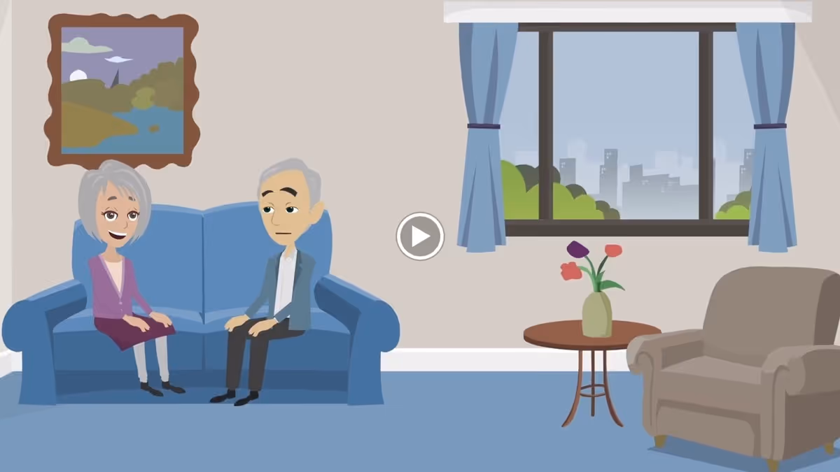 Animated illustration of an elderly man and woman sitting on a blue couch in a living room. There is a brown armchair to the right, a small round table with a vase of flowers, a window with blue curtains showing a cityscape outside, and a framed landscape painting on the wall.