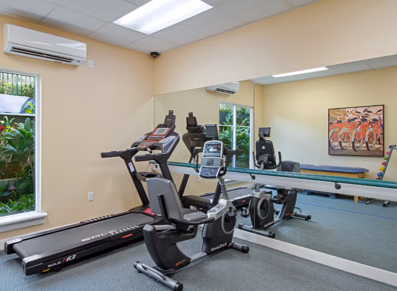 A small fitness room with exercise equipment including a treadmill and a recumbent stationary bike. The room has beige walls, a large mirror covering one wall, a window showing greenery outside, an air conditioning unit mounted on the wall, and a colorful painting of bicycles on the far wall.