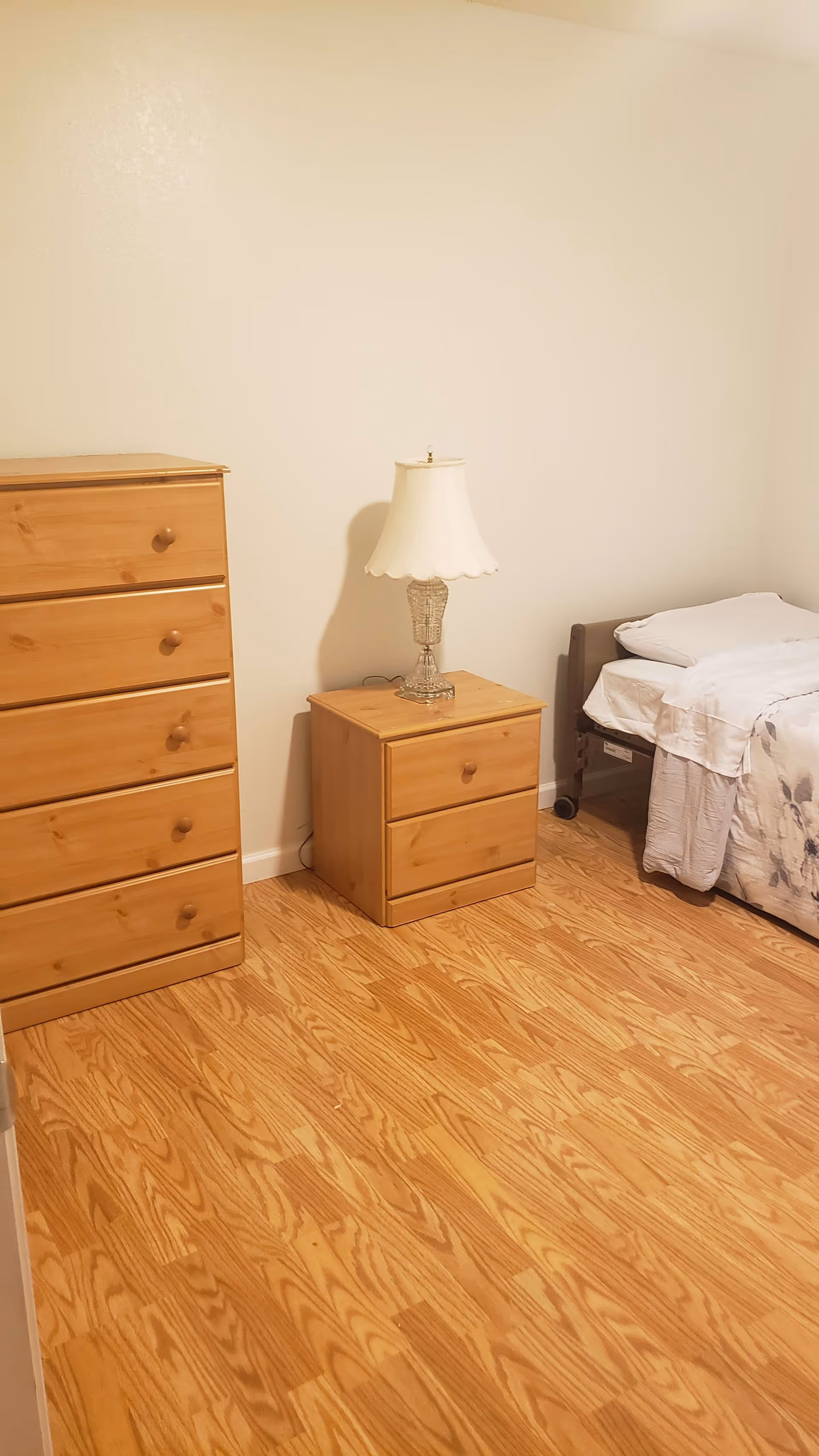 Small furnished bedroom with a wooden dresser, nightstand with a lamp, and a single bed on a wood floor.