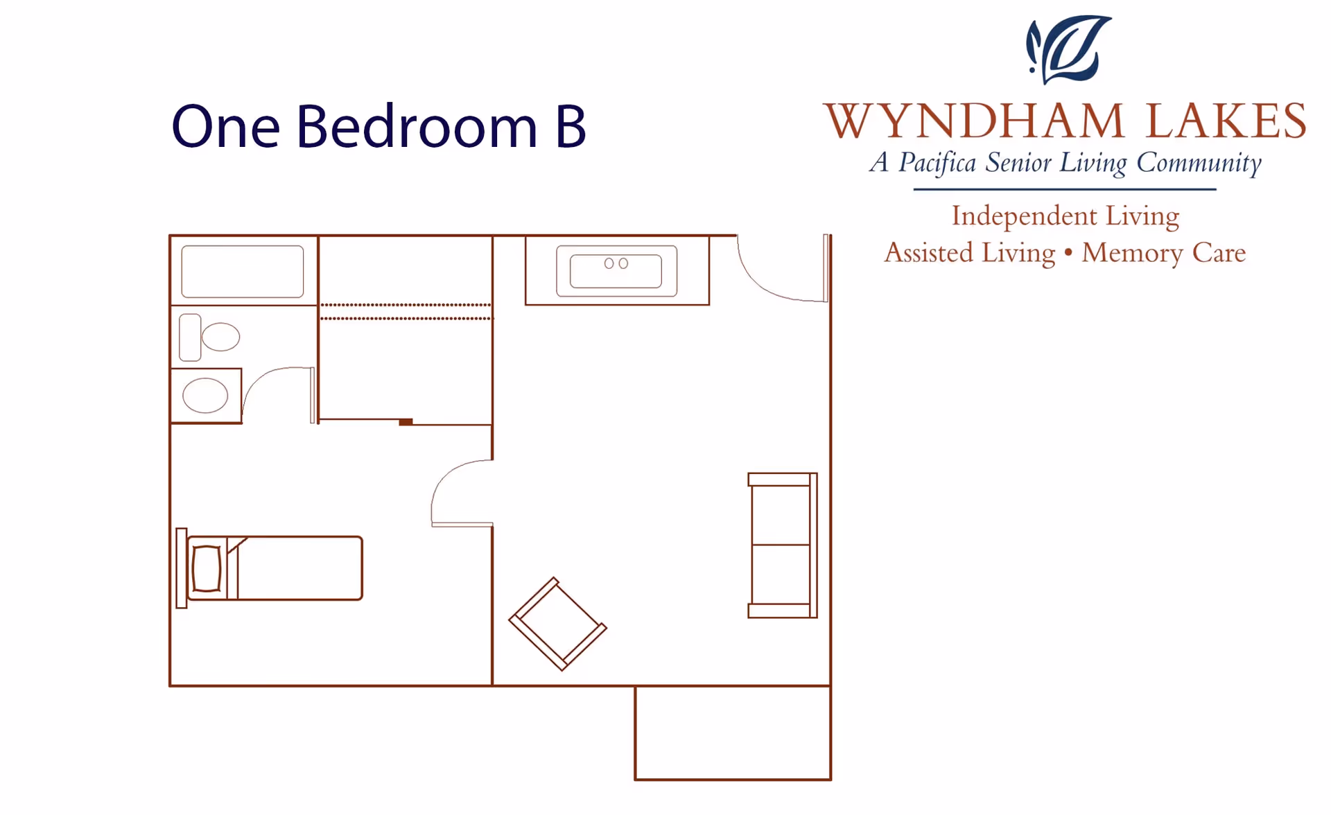 Floor plan layout labeled One Bedroom B for Wyndham Lakes senior living community, showing a bedroom with a bed, a bathroom with a toilet and sink, a living area with a chair and sofa, and an entry door. The plan is simple line art with minimal furniture.
