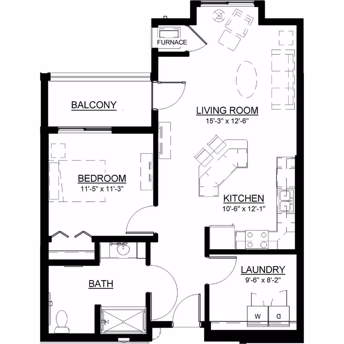 Architectural floor plan of a one-bedroom apartment at The Waters of Edina, showing a balcony, bedroom, bathroom, living room, kitchen, laundry area, and furnace closet with dimensions for each room.