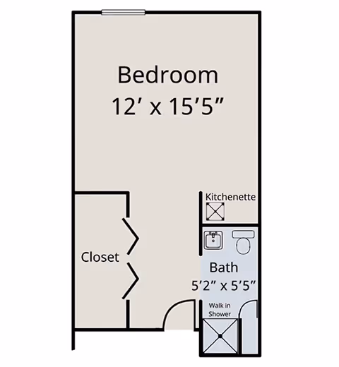 Floor plan of a senior living unit at Commonwealth Senior Living At Salisbury showing a bedroom measuring 12 feet by 15 feet 5 inches, a closet, a kitchenette, and a bathroom with a walk-in shower measuring 5 feet 2 inches by 5 feet 5 inches.