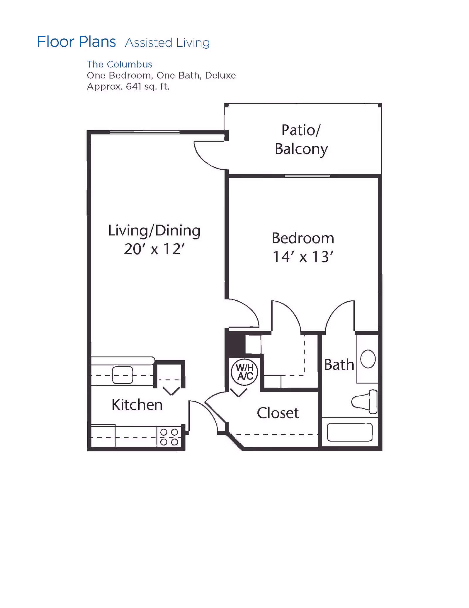 Floor plan for an assisted living unit named The Columbus, featuring one bedroom, one bathroom, a kitchen, living/dining area, closet, and a patio/balcony. The living/dining area measures 20 feet by 12 feet, the bedroom measures 14 feet by 13 feet, and the total area is approximately 641 square feet.