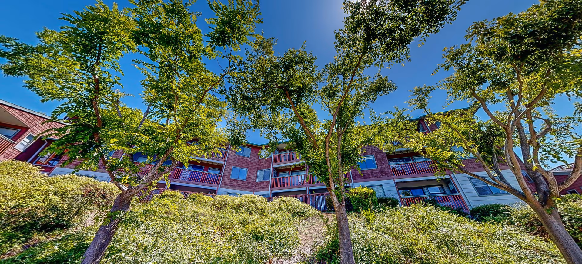 Low-angle view of a multi-story red-sided senior living building with balconies and trees on a sunny hillside.