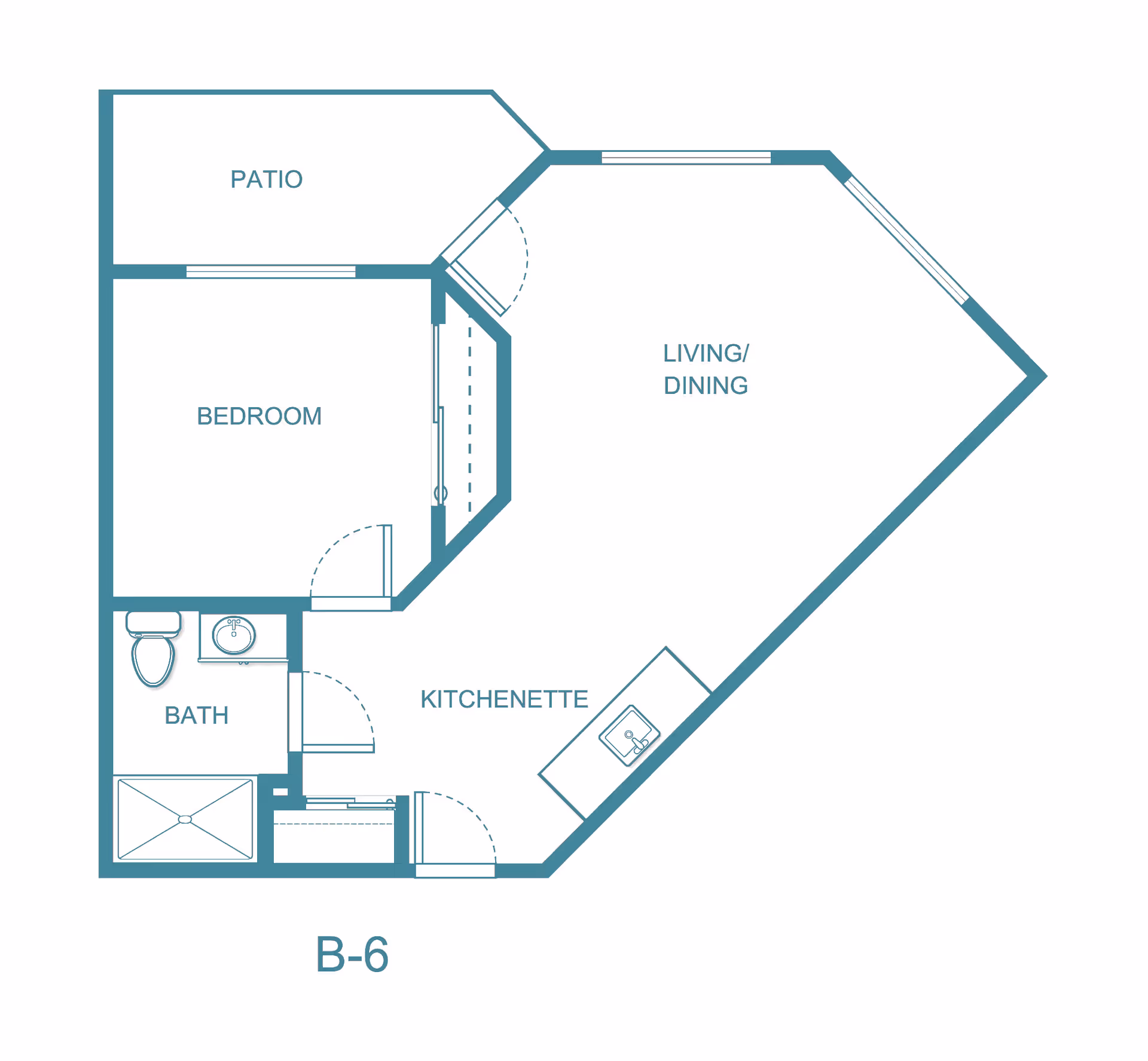 Floor plan of a residential unit labeled B-6 at The El Dorado - Sky Active Living, showing a bedroom, bath, kitchenette, living/dining area, and a patio.