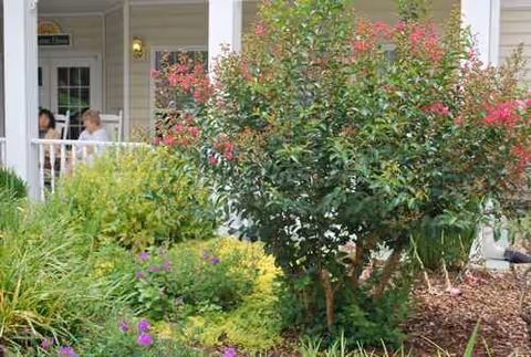 Front porch of Morning Pointe of Greeneville with colorful garden in the foreground.