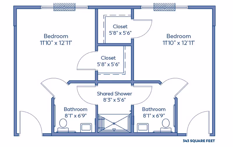 Blueprint-style floor plan of a two-bedroom unit showing two bathrooms, a shared shower, closets, and room dimensions.