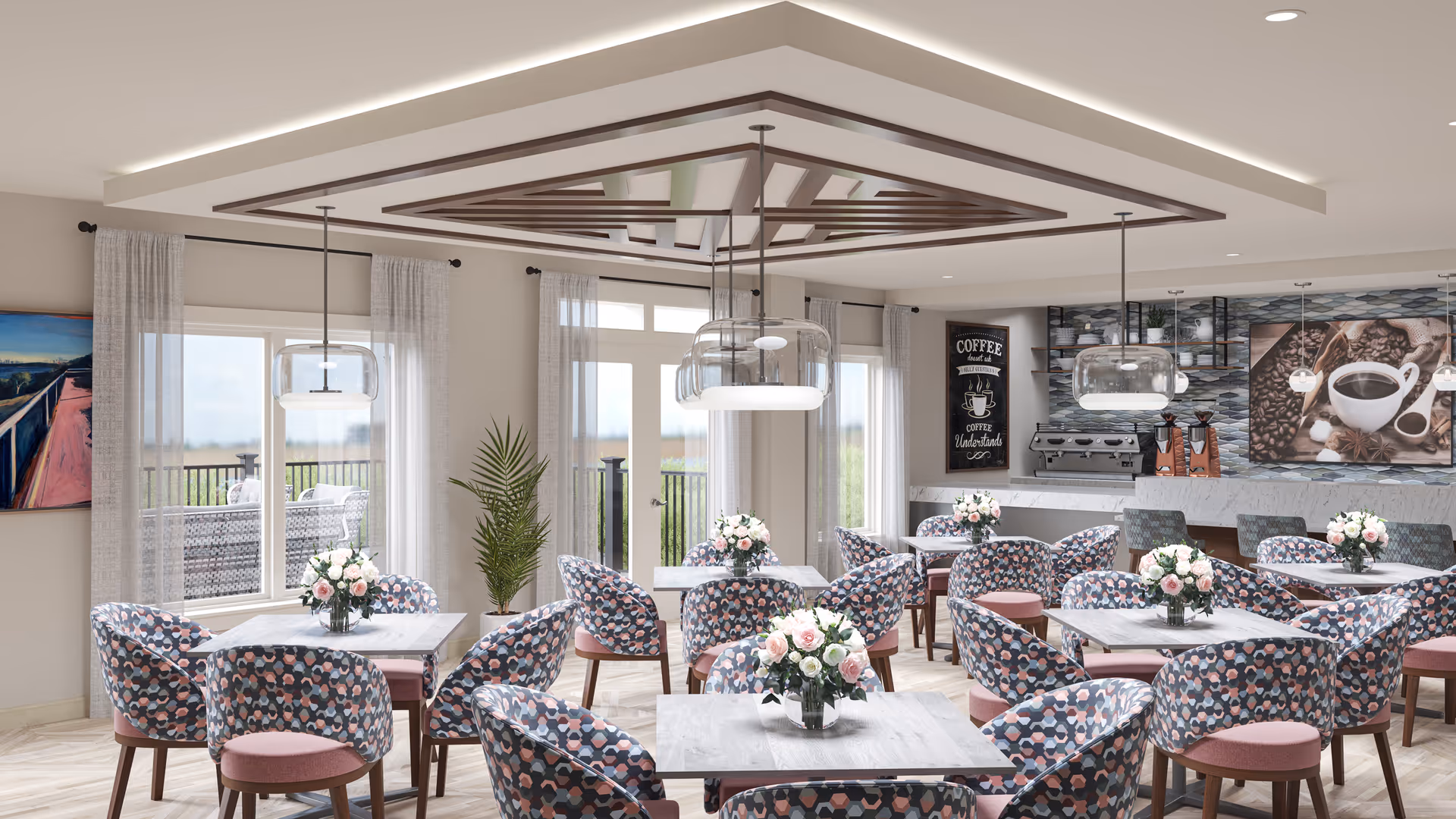 Bright dining room with multiple floral-upholstered chairs and tables topped with flower centerpieces and a coffee bar in the background.