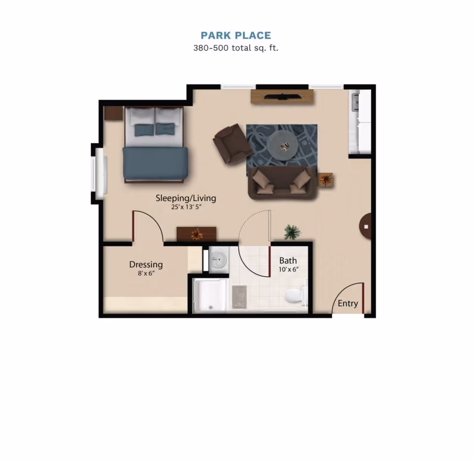 Floor plan titled "Park Place" showing a 380–500 sq. ft. studio layout with a combined sleeping/living area, dressing room, bathroom, kitchenette and entry.