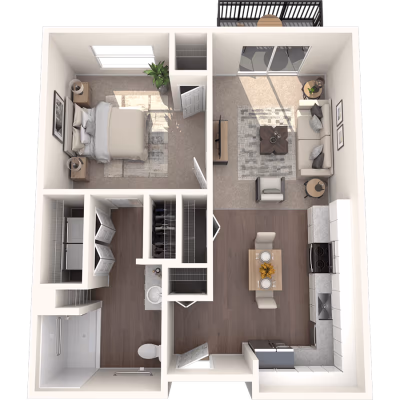 3D floor plan of a one-bedroom apartment featuring a bedroom with a bed and nightstands, a bathroom with a shower, a kitchen with appliances and a dining table, and a living room with a sofa, armchair, coffee table, and TV. There is also a small balcony accessible from the living room.