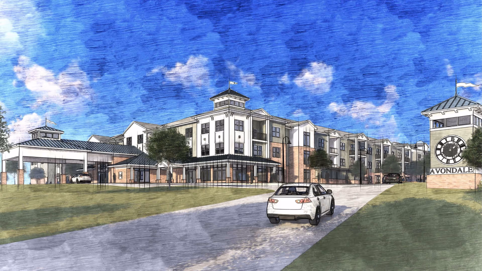 Artistic rendering of the exterior of a senior living facility named Avondale, showing a multi-story building with a covered entrance, several windows, trees, a driveway with cars, and a clock tower with the name Avondale on it under a blue sky with clouds.