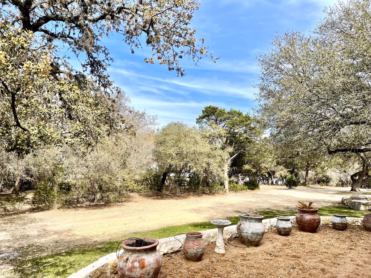 Outdoor garden area with several large clay pots and a birdbath on a stone border, surrounded by trees and a dirt path under a blue sky with some clouds.