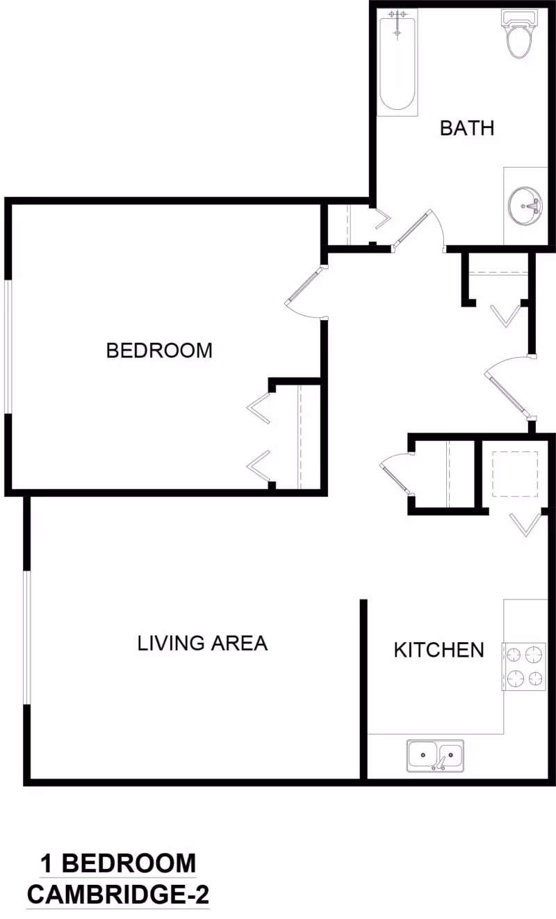 Floor plan of a one-bedroom apartment named Cambridge-2 at The Gables of Brighton: A Willow Ridge Senior Living Community, showing a bedroom, living area, kitchen, and bathroom layout.