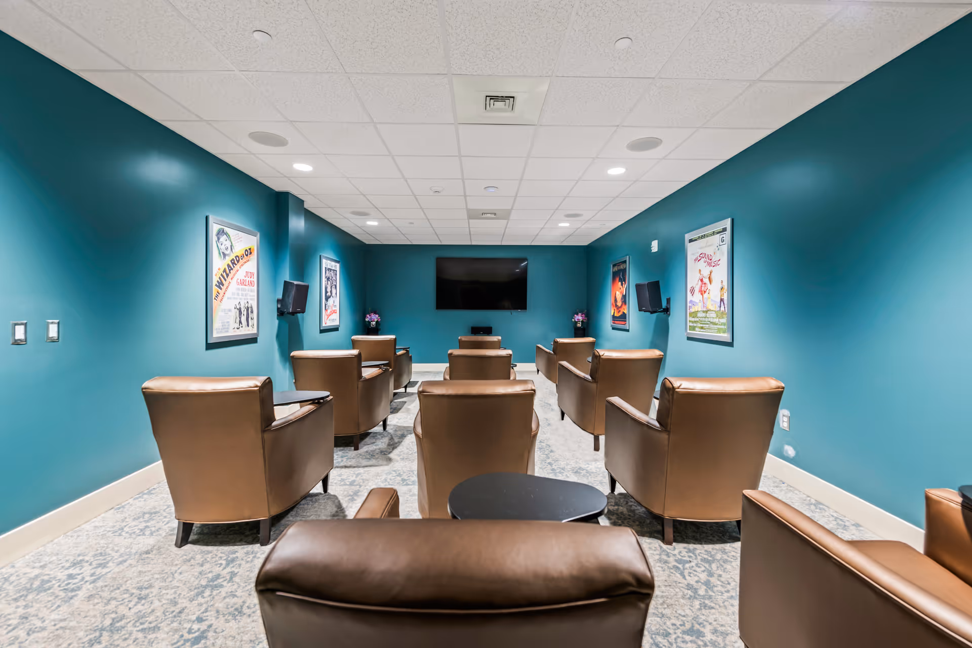 A small theater-style room with teal walls and a carpeted floor, featuring two rows of brown leather armchairs facing a wall-mounted flat screen TV. Movie posters are displayed on the walls, and small side tables are placed between some chairs.