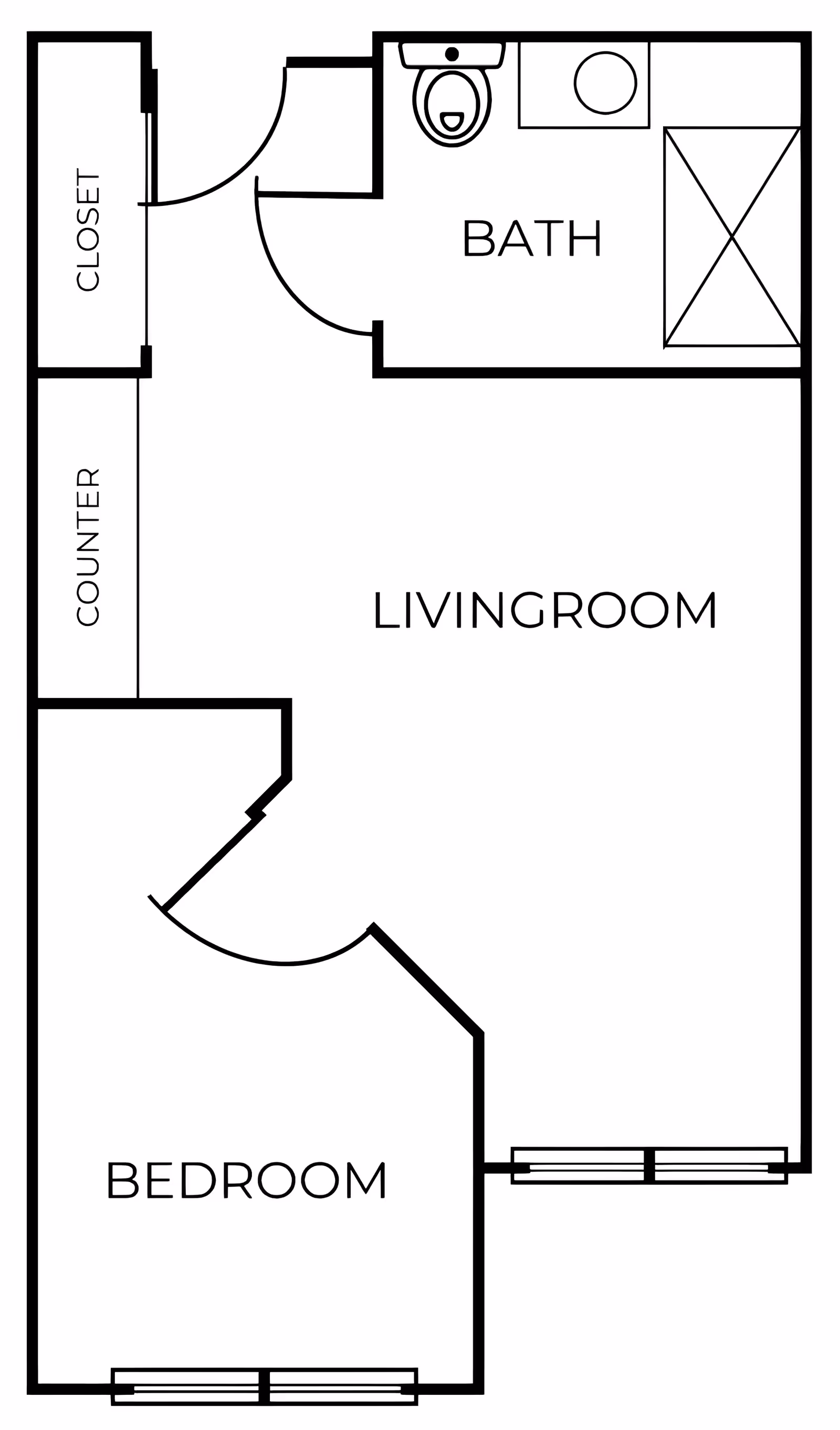 Black and white architectural floor plan of a small apartment unit showing a bedroom, living room, bathroom, closet, and counter area.