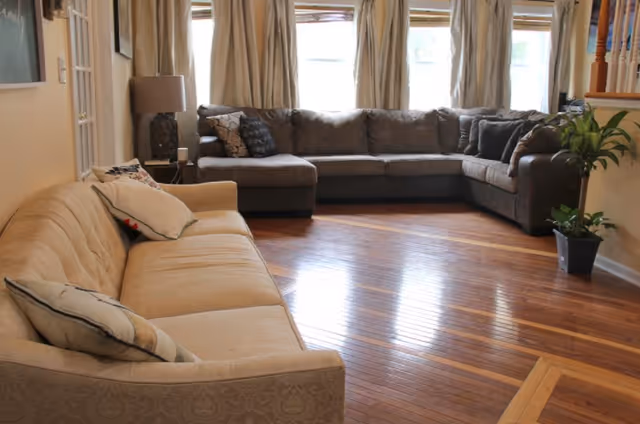 Living room with two sofas on polished hardwood floors, large curtained windows, a floor lamp, and a potted plant.
