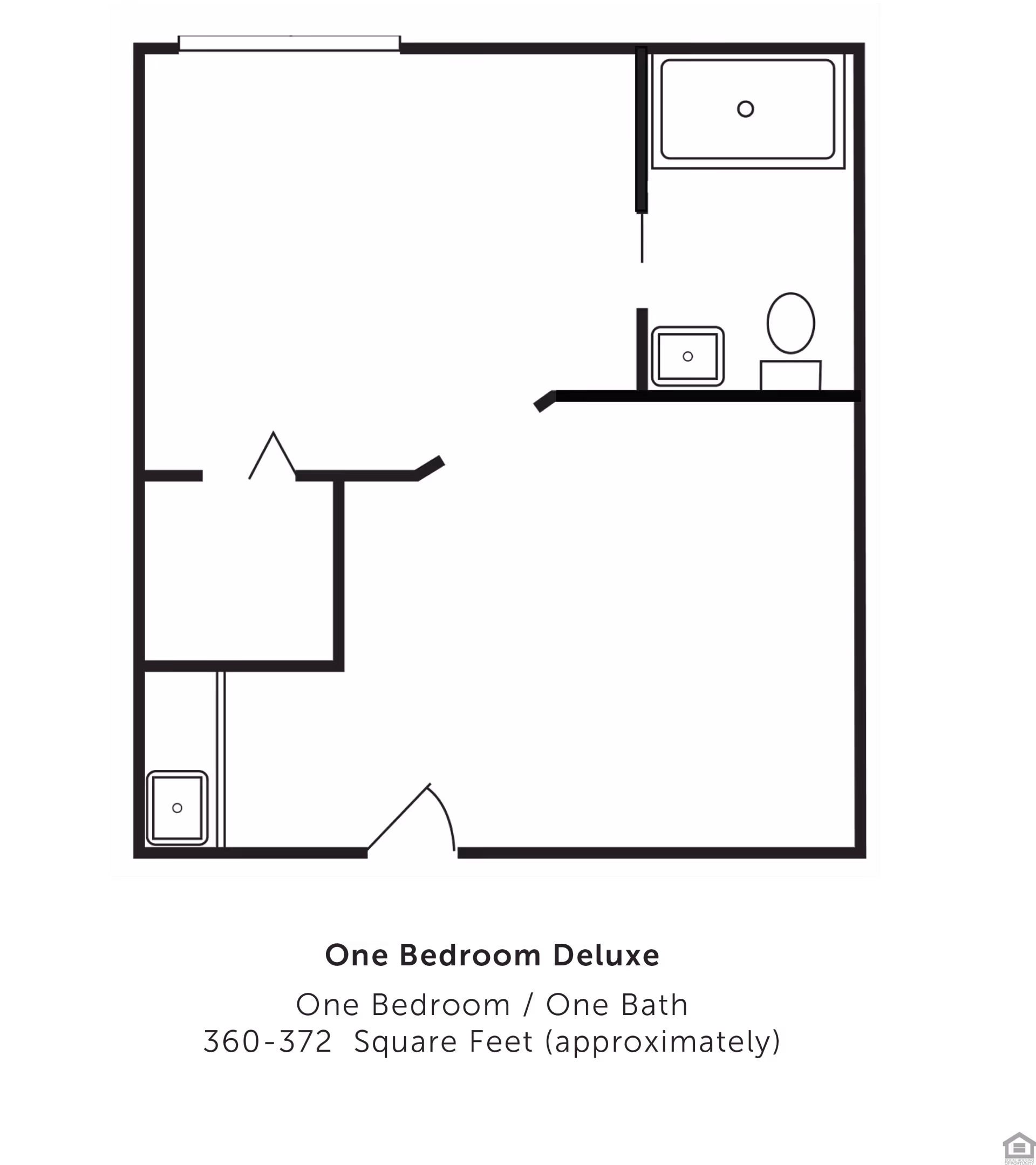 Black-and-white floor plan of a one-bedroom deluxe apartment showing a main living area, bedroom, bathroom with tub and toilet, and an entry/kitchen area.