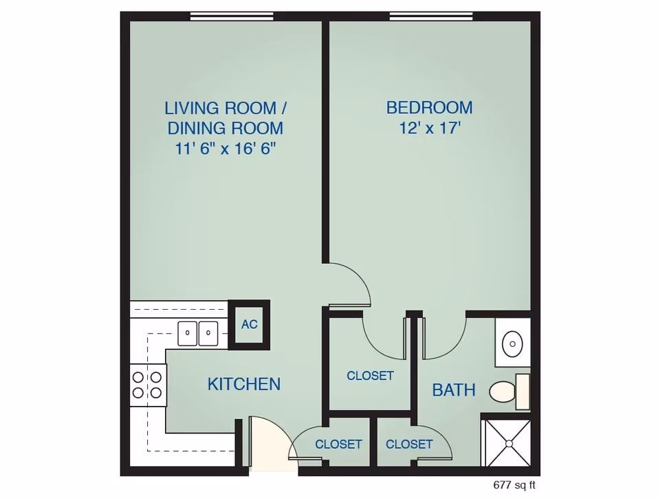 Floor plan of a one-bedroom apartment at Buckner Westminster Place showing a living room/dining room area measuring 11 feet 6 inches by 16 feet 6 inches, a bedroom measuring 12 feet by 17 feet, a kitchen, a bathroom with a shower, sink, and toilet, and three closets. The total area is 677 square feet.