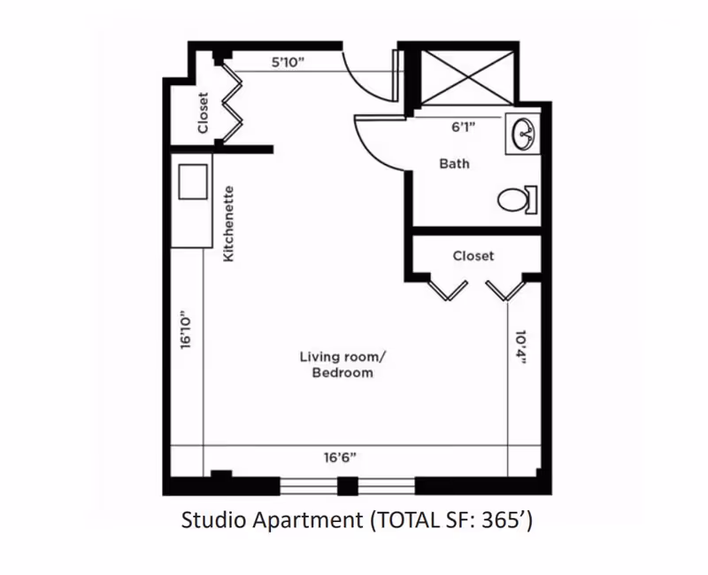 Floor plan of a studio apartment at Morningside House Of Ellicott City, showing a combined living room and bedroom area, a kitchenette, a bathroom, and two closets. The total area is 365 square feet.