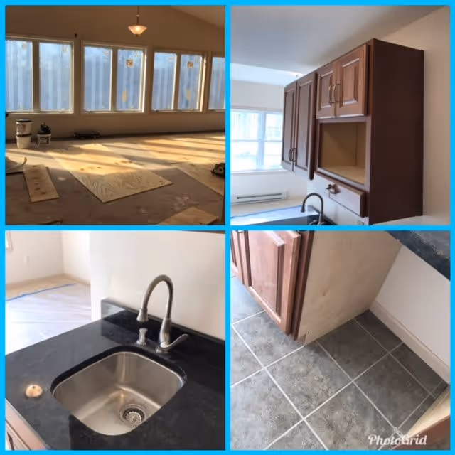 A collage of four images showing different parts of an interior space under construction or renovation. The top left image shows a room with large windows covered with protective film and sunlight streaming in. The top right image shows wooden kitchen cabinets mounted on a wall with a window in the background. The bottom left image shows a close-up of a kitchen sink with a faucet installed in a black countertop. The bottom right image shows the lower part of a kitchen cabinet and tiled floor. The images depict a kitchen and adjoining room area in progress.