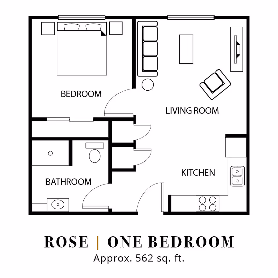 Floor plan of a one-bedroom apartment named Rose at Park West Plaza, approximately 562 square feet. The layout includes a bedroom with a bed and two nightstands, a living room with a sofa, chair, coffee table, and TV, a kitchen with a stove, sink, and counter space, and a bathroom with a sink, toilet, and shower.