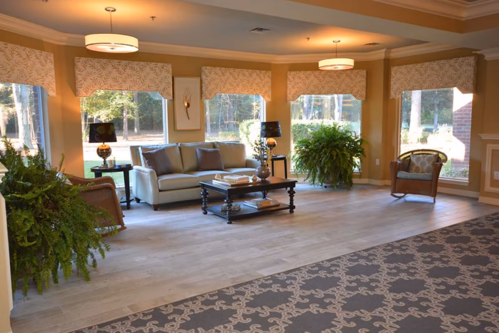 Bright communal living room with a sofa, coffee table, armchairs, large potted plants and tall windows overlooking trees.