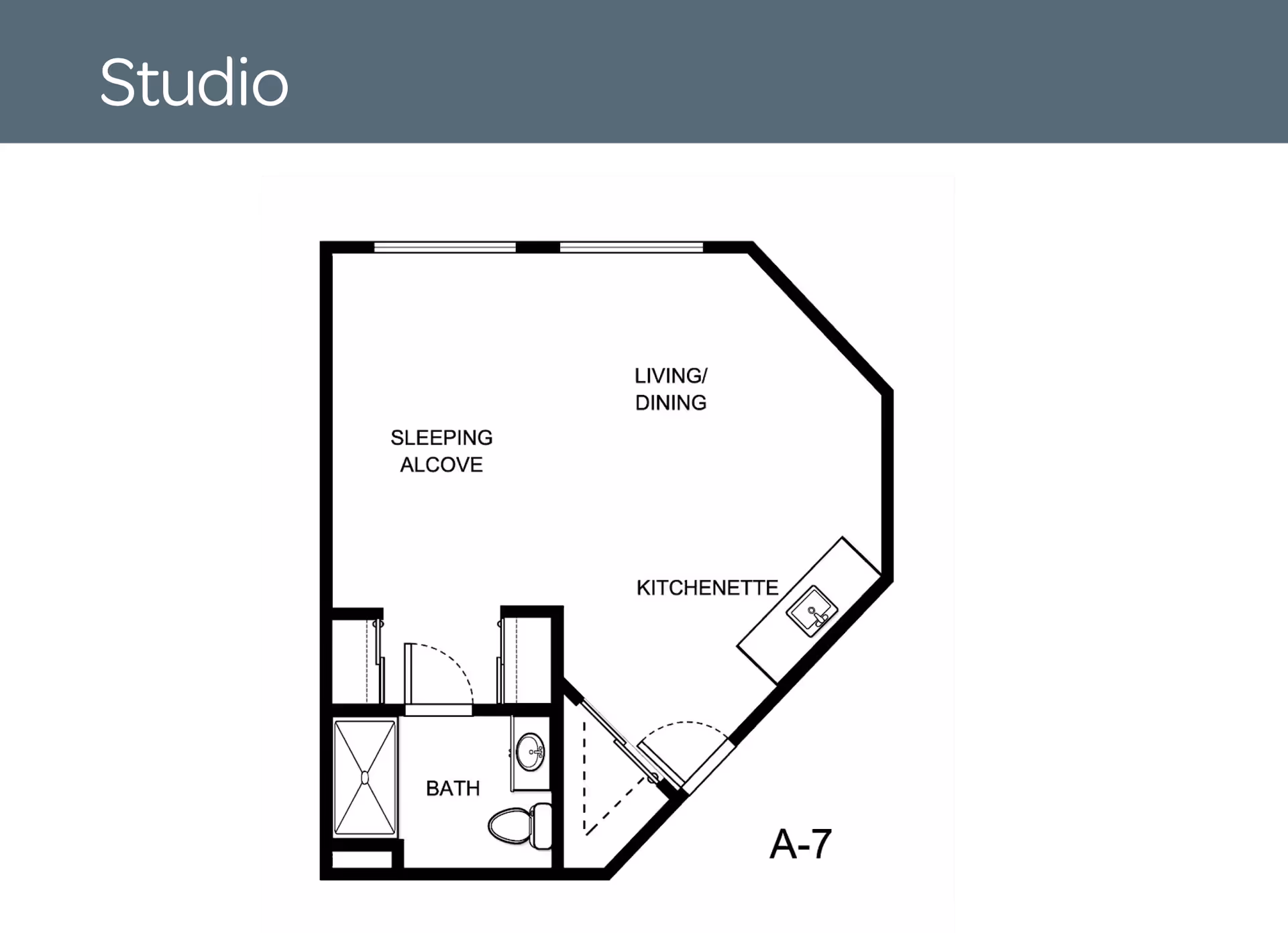 Floor plan of a studio apartment labeled A-7 showing a sleeping alcove, living/dining area, kitchenette with a sink, and a bathroom with a shower, toilet, and sink.
