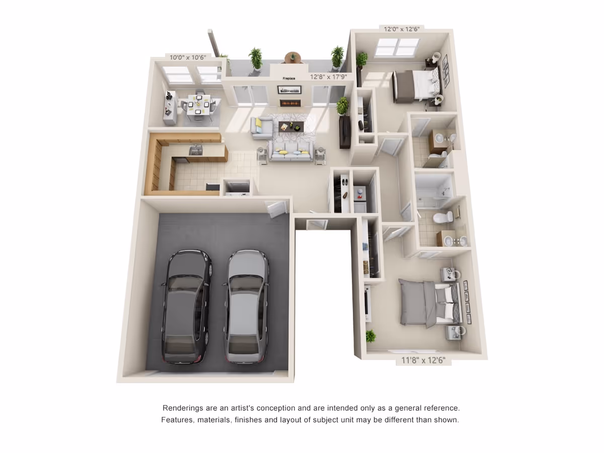 3D floor plan of a residential unit showing two bedrooms, two bathrooms, a kitchen, dining area, living room with fireplace, laundry area, and a two-car garage.
