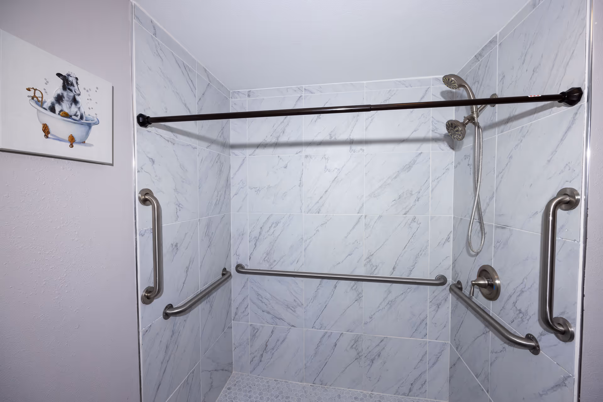 A tiled shower area with multiple stainless steel grab bars on the walls, a handheld showerhead, and a dark-colored shower curtain rod. On the left wall outside the shower, there is a painting of a dog sitting in a bathtub.