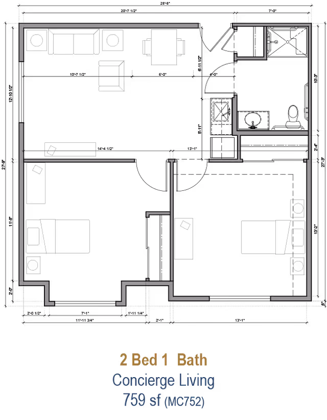 Floor plan layout of a 2 bedroom, 1 bathroom apartment labeled Concierge Living with a total area of 759 square feet.
