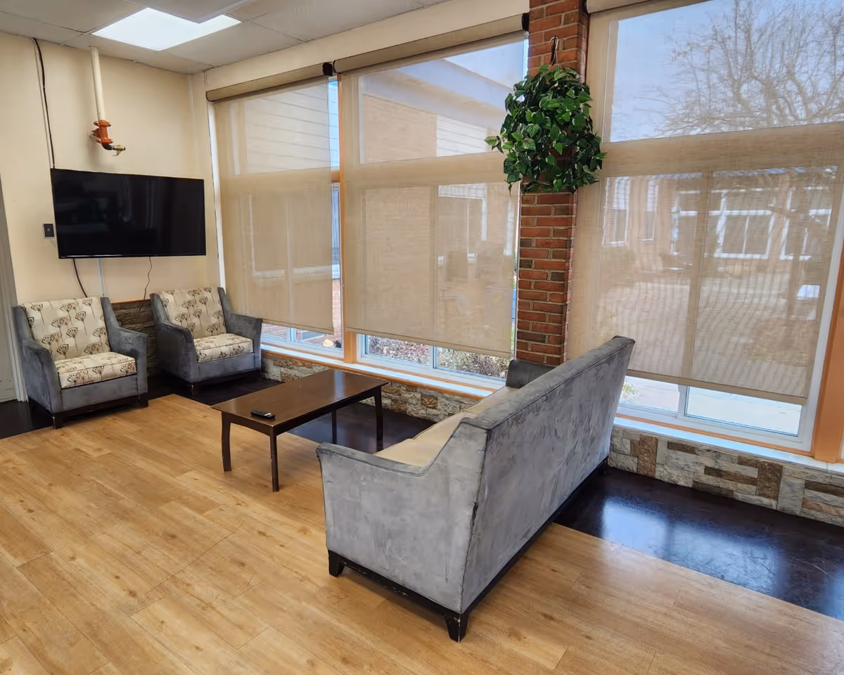 A cozy living room area with two patterned armchairs and a gray sofa arranged around a wooden coffee table. A flat-screen TV is mounted on the wall to the left. Large windows with beige roller shades let in natural light, and a hanging green plant is positioned near a brick column.