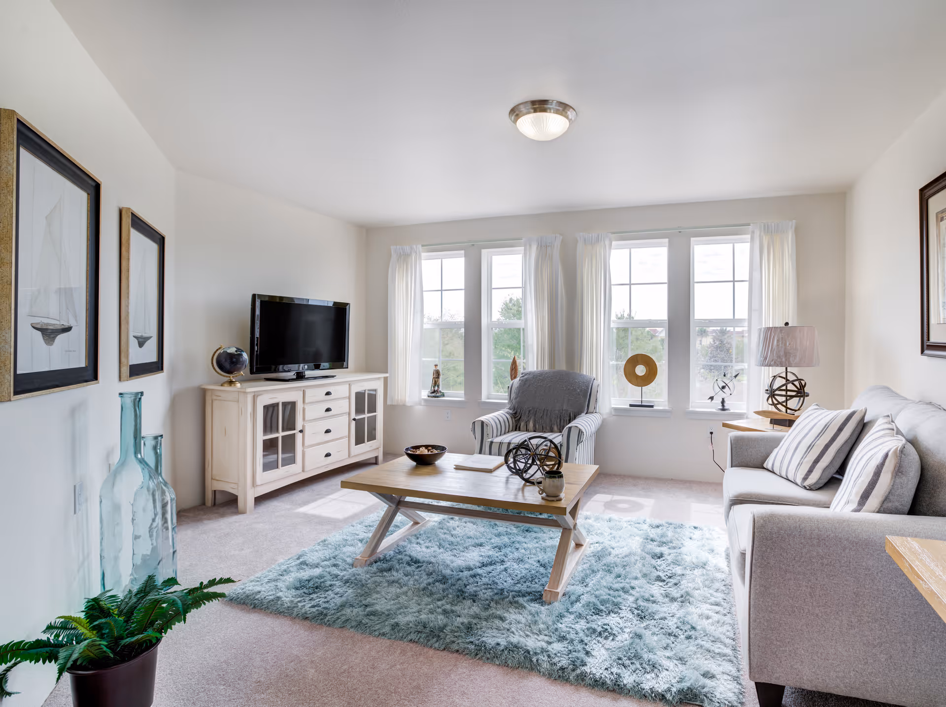 Bright living room with a sofa, armchair, TV on a cabinet, coffee table on a blue shag rug, and three windows letting in natural light.