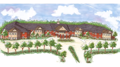 Watercolor-style illustration of a large two-story senior living building with a central entrance, circular driveway, and landscaped trees.