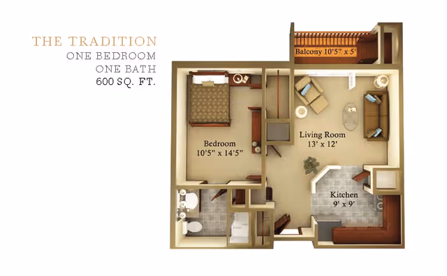 Floor plan of The Tradition one bedroom, one bath senior living unit with 600 square feet. The layout includes a bedroom measuring 10 feet 5 inches by 14 feet 5 inches, a living room measuring 13 feet by 12 feet, a kitchen measuring 9 feet by 9 feet, a bathroom, and a balcony measuring 10 feet 5 inches by 5 feet.