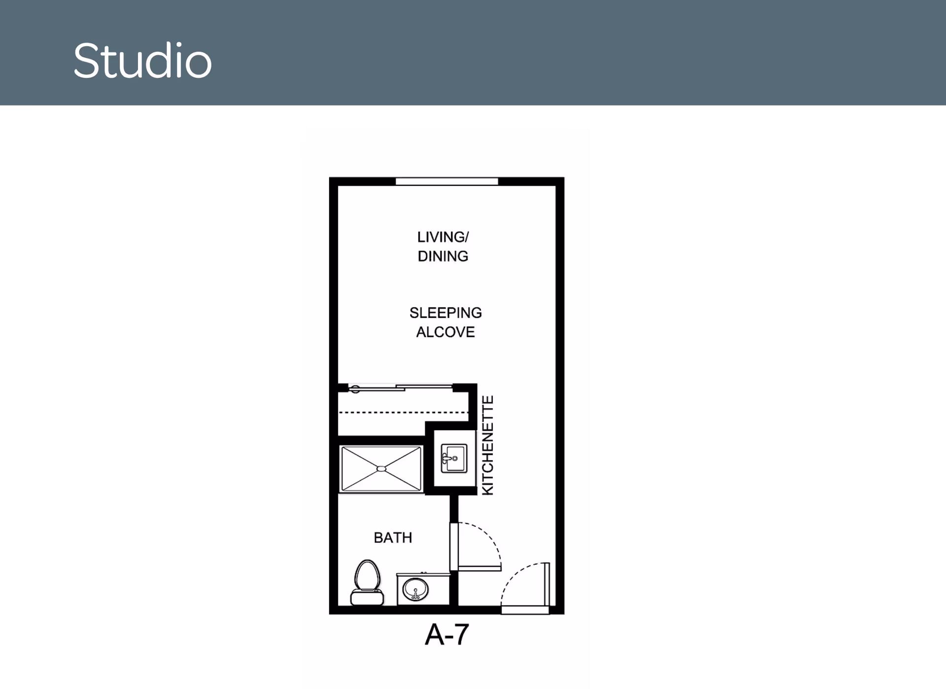 A floor plan of a studio apartment featuring a living/dining area, sleeping alcove, kitchenette, and bathroom.