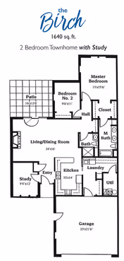 Floor plan of a two-bedroom townhome named 'the Birch' with 1640 square feet, featuring a master bedroom with closet and master bath, a second bedroom, a study, a living/dining room, a kitchen, a laundry room, a utility room, a bathroom, a patio, an entry area, and a garage.
