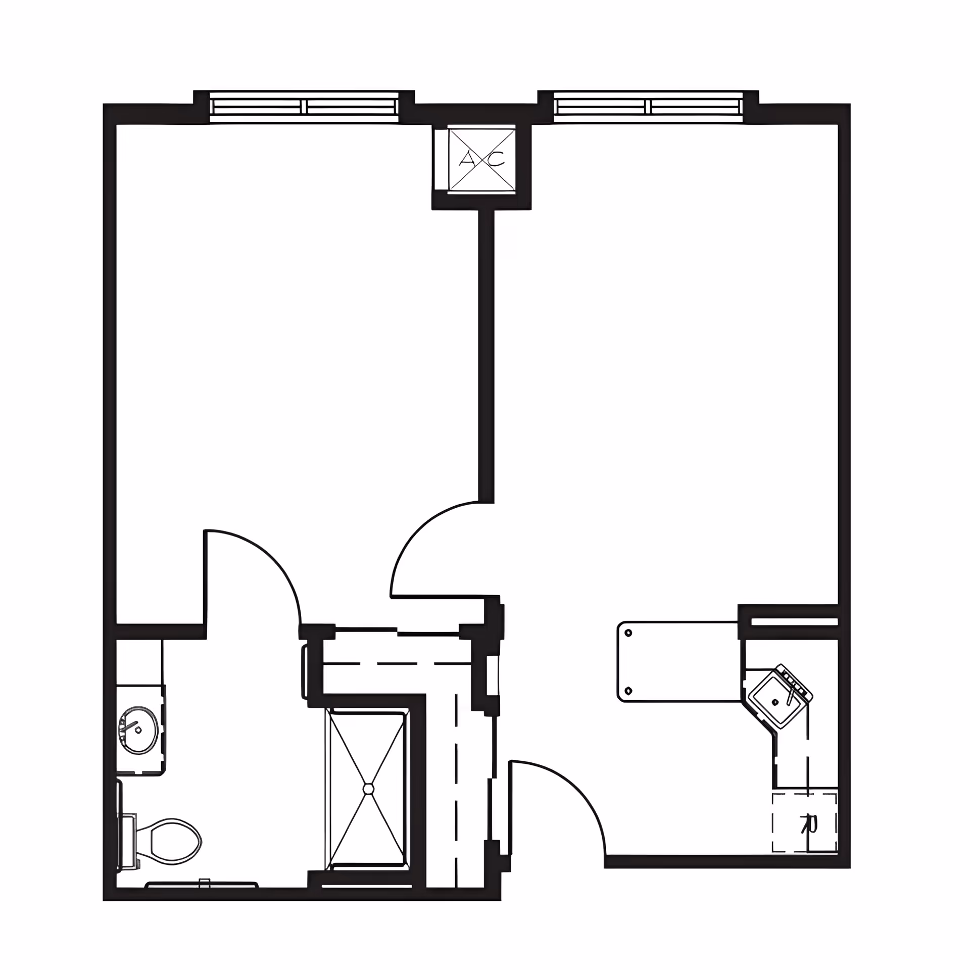 Black-and-white floor plan of a small apartment showing two main rooms, a bathroom, and a kitchenette.