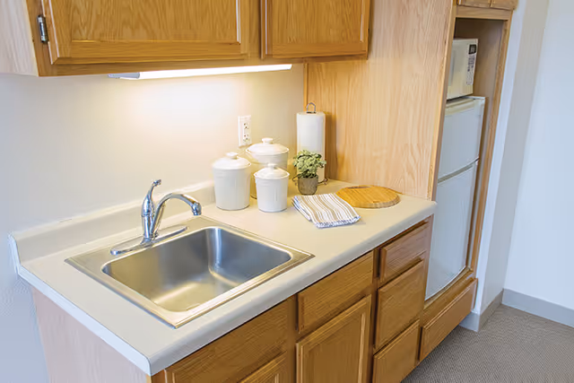 A small kitchen area with a stainless steel sink, wooden cabinets above and below the countertop, three white ceramic canisters, a small potted plant, a paper towel holder, a striped kitchen towel, and a wooden cutting board. A white microwave and refrigerator are built into the cabinetry on the right side.