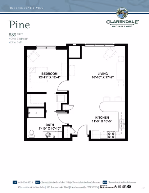 Floor plan of Pine apartment at Clarendale at Indian Lake showing one bedroom, one bathroom, living room, and kitchen with dimensions.