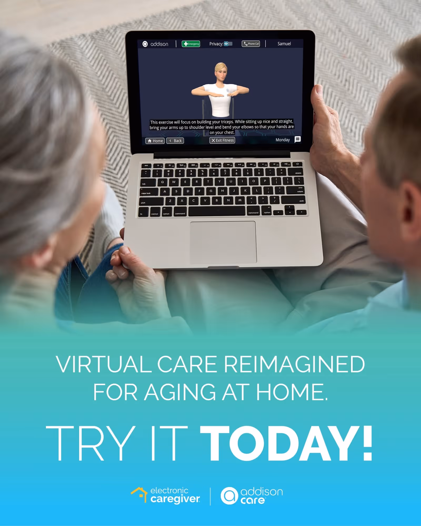 Two elderly individuals sitting together and looking at a laptop screen displaying a virtual exercise program with an animated instructor demonstrating a triceps exercise.