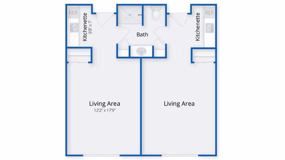 Floor plan showing two adjacent living areas each with a kitchenette and a shared bathroom in the center. Each kitchenette includes a refrigerator and a sink. The living areas are labeled with dimensions 12'2" x 17'9". The bathroom has a shower, toilet, and sink.