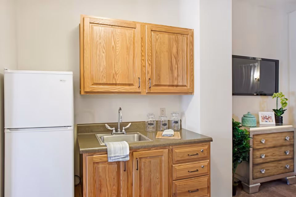 Kitchenette area with oak cabinets, a sink and countertop, a white refrigerator, and a small dresser with a TV nearby.