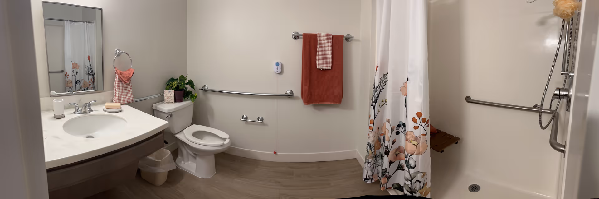 Panoramic view of a senior living facility bathroom with sink, toilet, and shower.