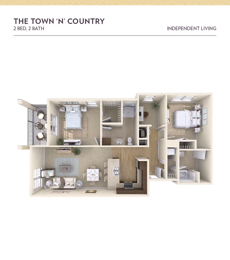 3D floor plan of a two-bedroom, two-bathroom independent living apartment named The Town 'N' Country. The layout includes a living room with seating and a dining area, a kitchen with an island and appliances, two bedrooms each with beds and nightstands, two bathrooms, a small office area, and a balcony with outdoor seating.