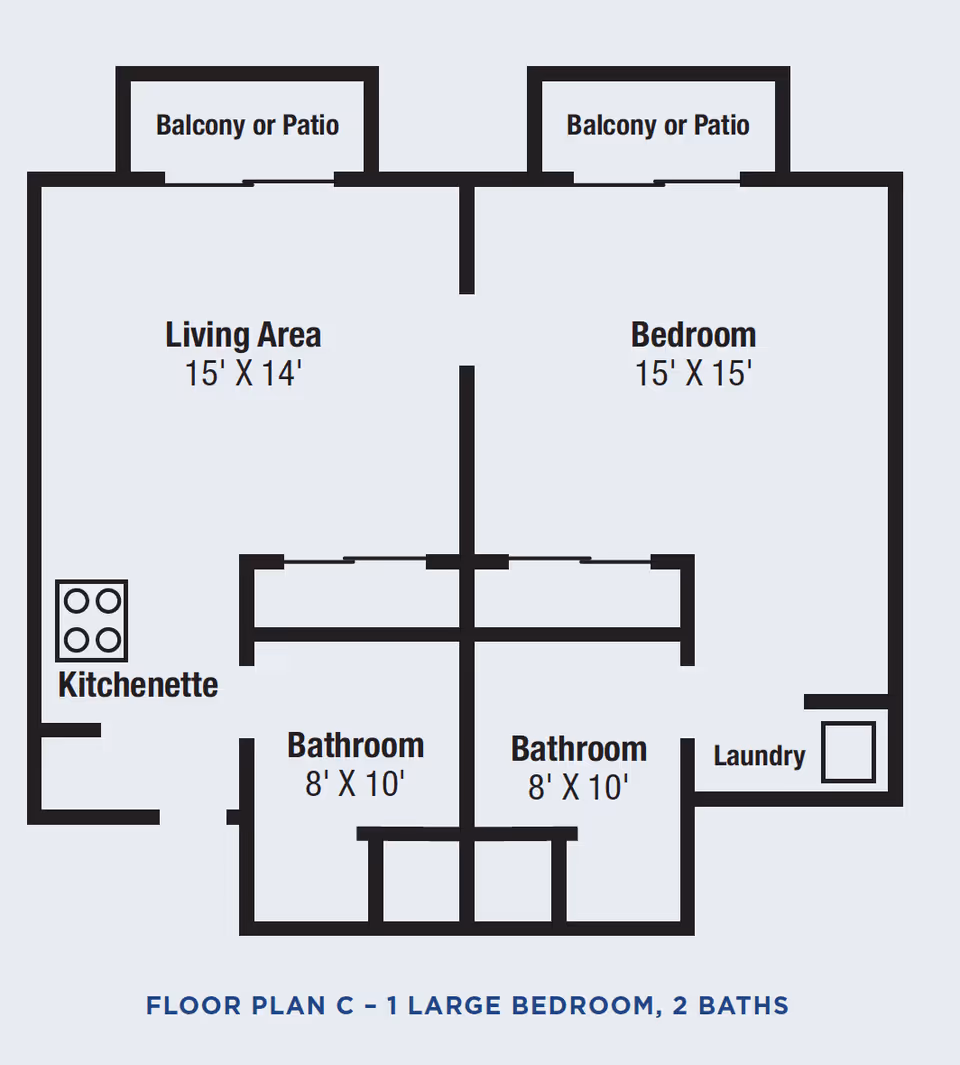 Floor plan diagram of a one-bedroom, two-bath unit with living area, kitchenette, laundry and two balconies/patios.