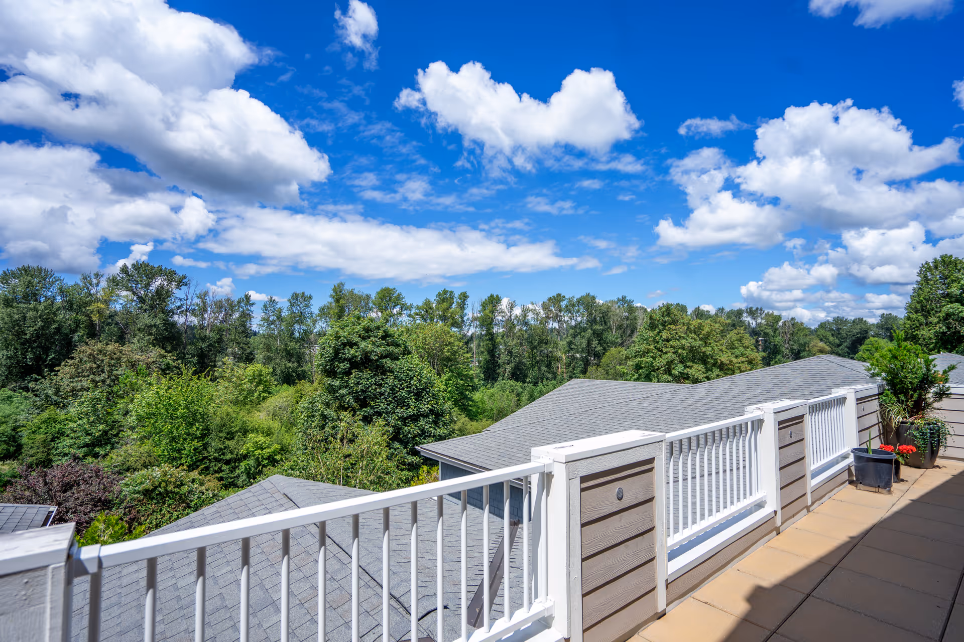 View from a balcony with white railings overlooking rooftops and a lush green forest under a bright blue sky with scattered white clouds.